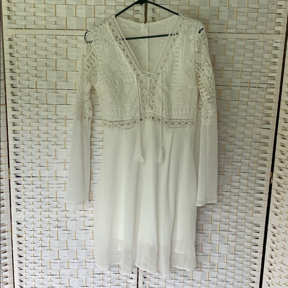 White Bell Sleeve Dress with Crochet detail